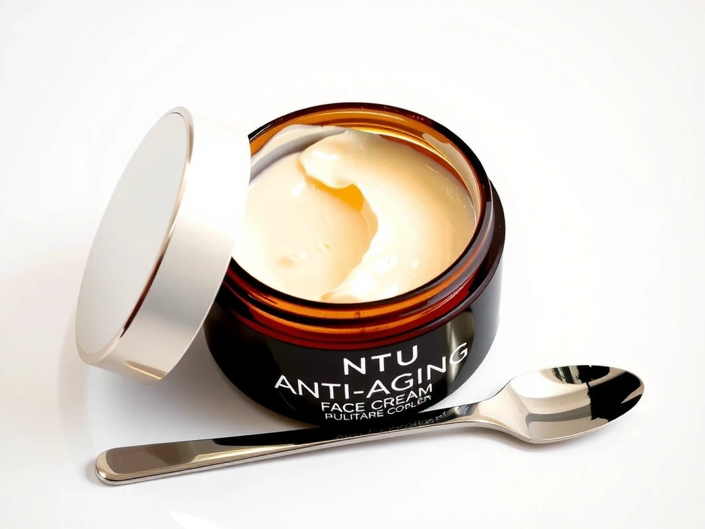 A luxurious jar of anti-aging cream with a spatula, indicating rich texture.