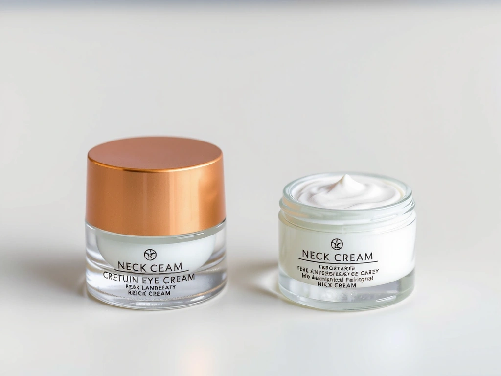 An eye cream tube and a neck cream jar, highlighting specific anti-aging products.