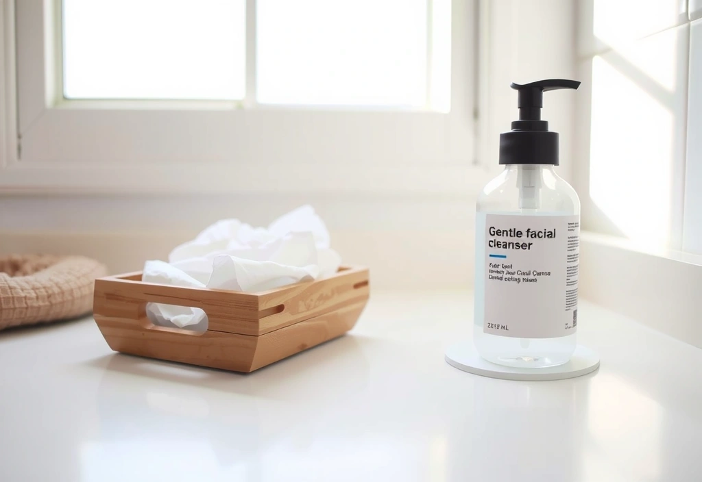 Gentle facial cleanser bottle and cotton pads on a bathroom counter.
