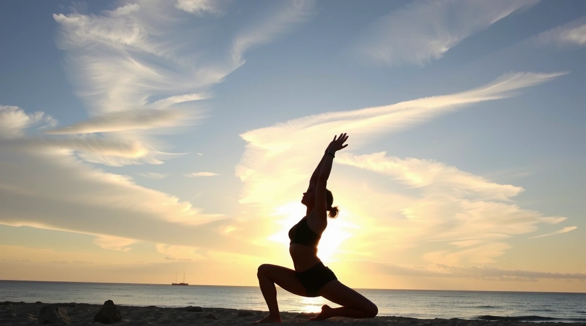 Person doing yoga pose on a beach at sunset