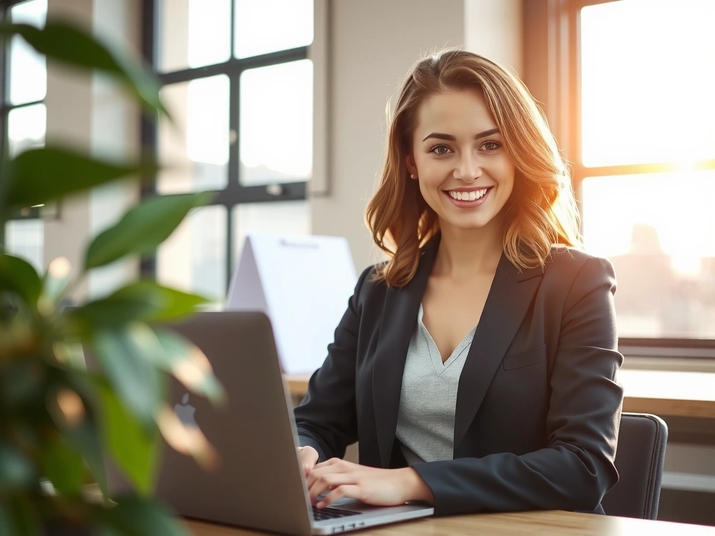 A woman using a laptop in a bright, modern office space, smiling and engaged in work.