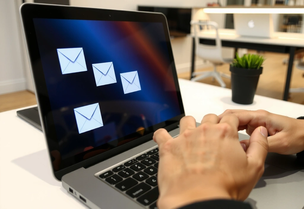 A hand writing an email on a tablet, symbolizing digital communication, with a cup of coffee nearby.