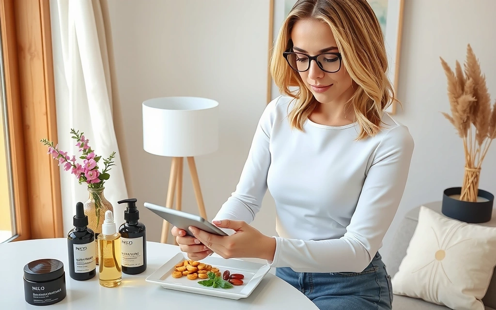 Woman reading a blog on a tablet with health and beauty products around her