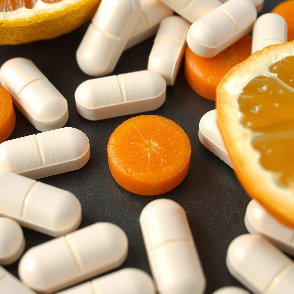 Close-up of Vitamin C tablets or citrus fruits, illustrating a key immune-boosting nutrient.