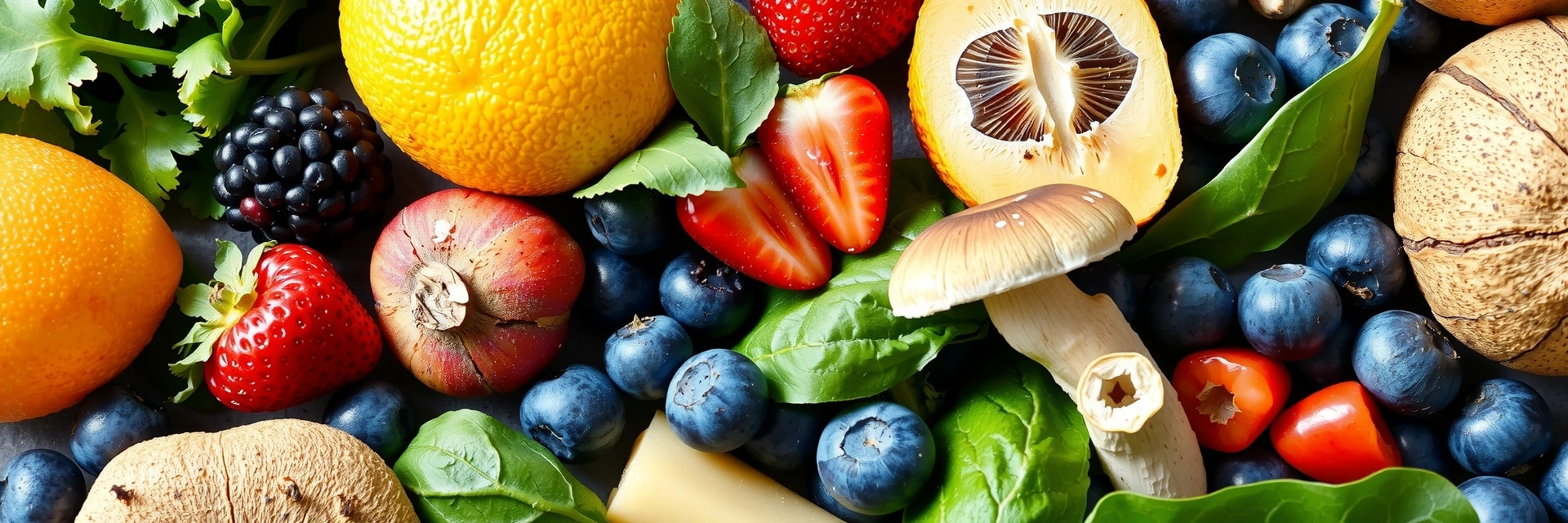 Vibrant image of various immune-boosting ingredients like colorful berries, leafy greens, and mushrooms, artfully arranged to convey health and vitality.
